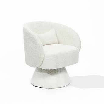 LuxenHome Upholstered Cream Club Swivel Chair With Upholstered Cream Wood Base