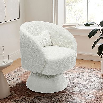 LuxenHome Upholstered Cream Club Swivel Chair With Upholstered Cream Wood Base