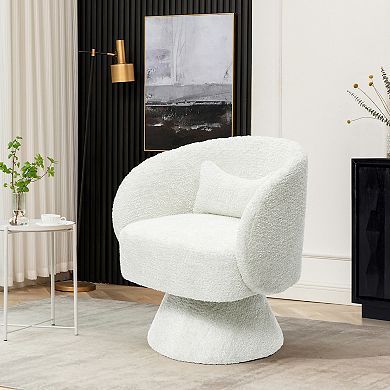 LuxenHome Upholstered Cream Club Swivel Chair With Upholstered Cream Wood Base