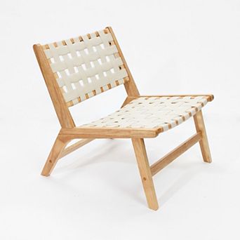 LuxenHome Natural Rubberwood with White PU Leather Low Profile Armless Accent Chair, Set of 2