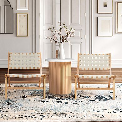 LuxenHome Natural Rubberwood with White PU Leather Low Profile Armless Accent Chair, Set of 2