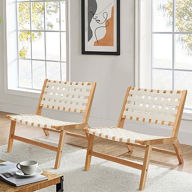 LuxenHome Natural Rubberwood with White PU Leather Low Profile Armless Accent Chair, Set of 2