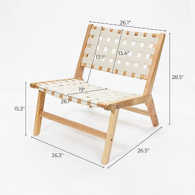 LuxenHome Natural Rubberwood with White PU Leather Low Profile Armless Accent Chair, Set of 2