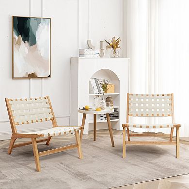 LuxenHome Natural Rubberwood with White PU Leather Low Profile Armless Accent Chair, Set of 2
