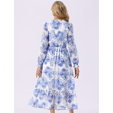 Women's Long Sleeve Floral Dresses V Neck Boho Ruffle Tiered Flowy Chiffon Midi Dress with Pocket