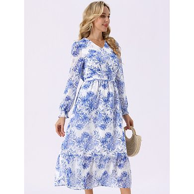 Women's Long Sleeve Floral Dresses V Neck Boho Ruffle Tiered Flowy Chiffon Midi Dress with Pocket