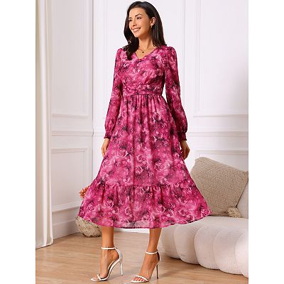 knee length dresses for ladies Women's Navy & Purple Floral Print Midi Dress main image 1