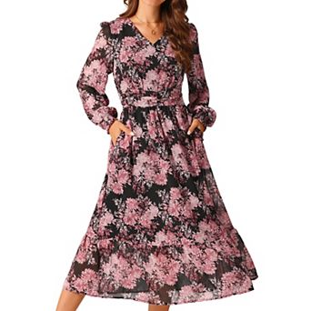 Women's Long Sleeve Floral Dresses V Neck Boho Ruffle Tiered Flowy Chiffon Midi Dress with Pocket