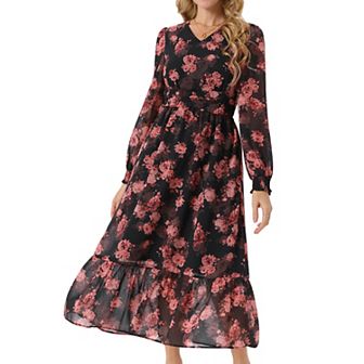 Women's Long Sleeve Floral Dresses V Neck Boho Ruffle Tiered Flowy Chiffon Midi Dress With Pocket