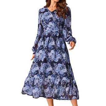 Women's Long Sleeve Floral Dresses V Neck Boho Ruffle Tiered Flowy Chiffon Midi Dress with Pocket