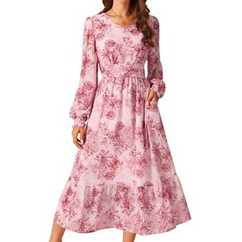Women's Long Sleeve Floral Dresses V Neck Boho Ruffle Tiered Flowy Chiffon Midi Dress with Pocket