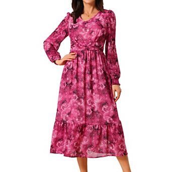 Women's Long Sleeve Floral Dresses V Neck Boho Ruffle Tiered Flowy Chiffon Midi Dress with Pocket