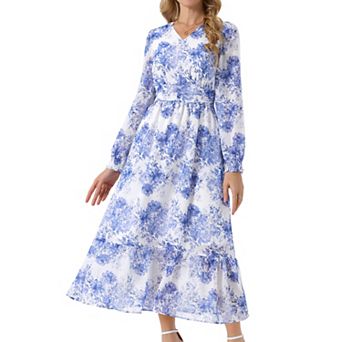 Women's Long Sleeve Floral Dresses V Neck Boho Ruffle Tiered Flowy Chiffon Midi Dress with Pocket