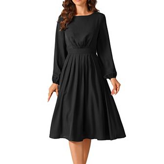 Women's Long Sleeve Crewneck Casual Dress High Waist Pleated A Line Flowy Dresses