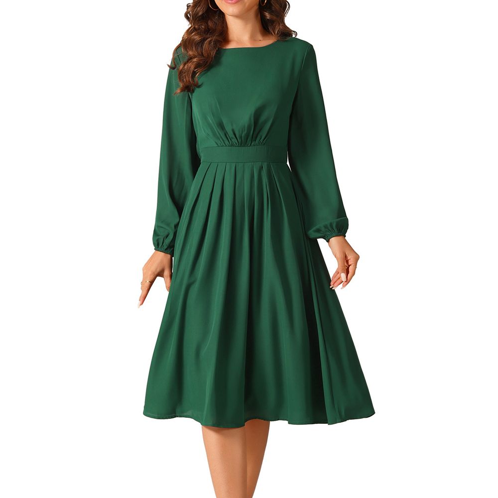 Gomyblomy Women's Midi Pullover Dress - Long Sleeve Crewneck, High Waist, Pleated & Casual