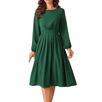 Women's Long Sleeve Crewneck Casual Dress High Waist Pleated A Line Flowy Dresses