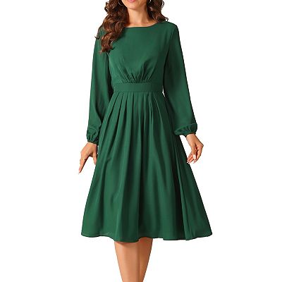 Women's Long Sleeve Crewneck Casual Dress High Waist Pleated A Line Flowy  Dresses