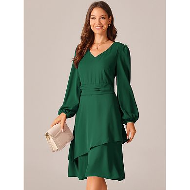 Women's Long Sleeve V Neck Dress High Waist Layered Swing Casual Dresses With Pockets
