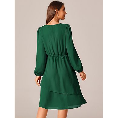 Women's Long Sleeve V Neck Dress High Waist Layered Swing Casual Dresses With Pockets