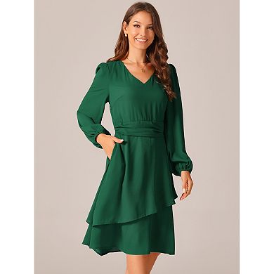 Women's Long Sleeve V Neck Dress High Waist Layered Swing Casual Dresses With Pockets