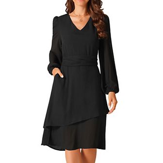 Women's Long Sleeve V Neck Dress High Waist Layered Swing Casual Dresses With Pockets