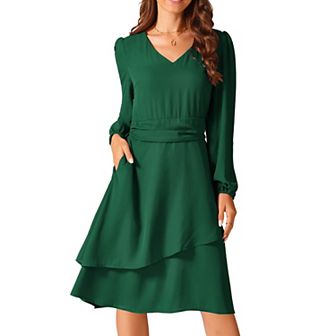 Women's Long Sleeve V Neck Dress High Waist Layered Swing Casual Dresses With Pockets