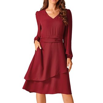 Women's Long Sleeve V Neck Dress High Waist Layered Swing Casual Dresses With Pockets