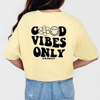 Simply Sage Market S.W.Smiley Good Vibes Only Smiley Face Front And Back Garment Dyed Tee