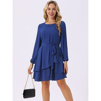 Women's Round Neck Chiffon Dress Long Sleeve High Waist Tie Ruffle Swing Skater Dress with Belt