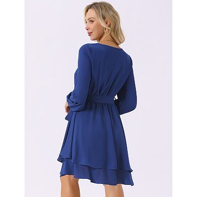 Women's Round Neck Chiffon Dress Long Sleeve High Waist Tie Ruffle Swing Skater Dress with Belt