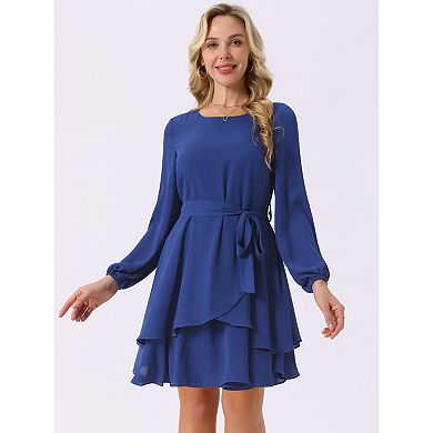Women's Round Neck Chiffon Dress Long Sleeve High Waist Tie Ruffle Swing Skater Dress with Belt