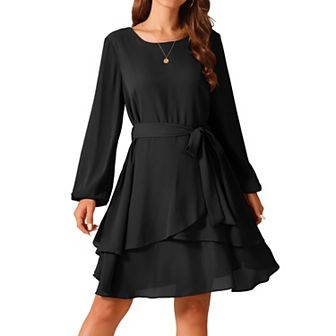 Women's Round Neck Chiffon Dress Long Sleeve High Waist Tie Ruffle Swing Skater Dress With Belt