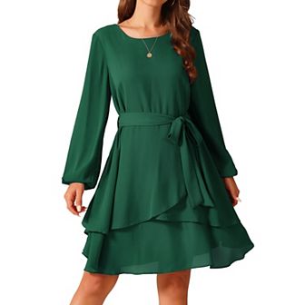 Women's Round Neck Chiffon Dress Long Sleeve High Waist Tie Ruffle Swing Skater Dress With Belt