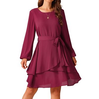 Women's Round Neck Chiffon Dress Long Sleeve High Waist Tie Ruffle Swing Skater Dress With Belt