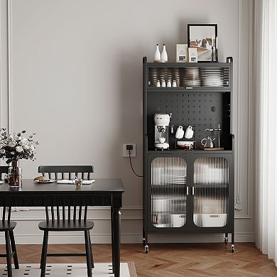Modern Kitchen Storage Pantry Cabinet, 66" Tall Metal Storage Sideboard Cupboard Pantry With Wheels