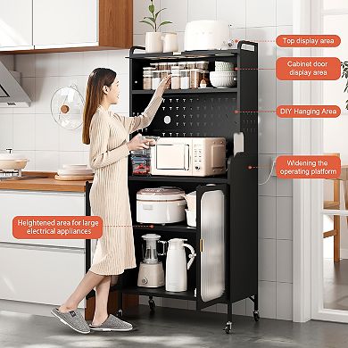 Modern Kitchen Storage Pantry Cabinet, 66" Tall Metal Storage Sideboard Cupboard Pantry With Wheels