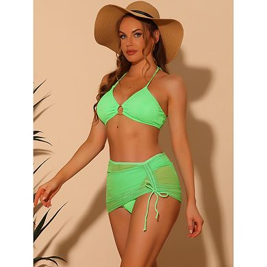 Women's Halter Ring Bikini Bathing Suits 3 Piece Solid Color Mesh Skirt