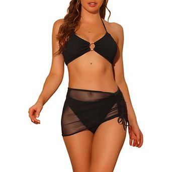 Women's Halter Ring Bikini Bathing Suits 3 pc Solid Color Mesh Skirt