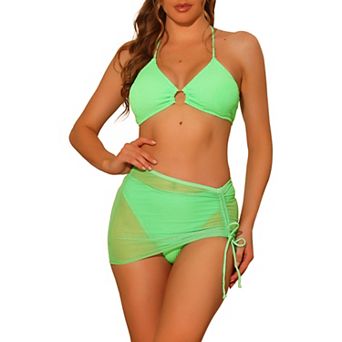 Women's Halter Ring Bikini Bathing Suits 3 pc Solid Color Mesh Skirt