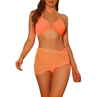 Women's Halter Ring Bikini Bathing Suits 3 pc Solid Color Mesh Skirt