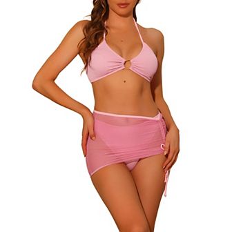 Women's Halter Ring Bikini Bathing Suits 3 pc Solid Color Mesh Skirt