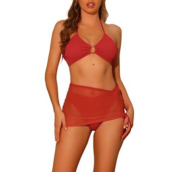 Women's Halter Ring Bikini Bathing Suits 3 pc Solid Color Mesh Skirt