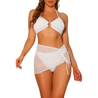 Women's Halter Ring Bikini Bathing Suits 3 pc Solid Color Mesh Skirt