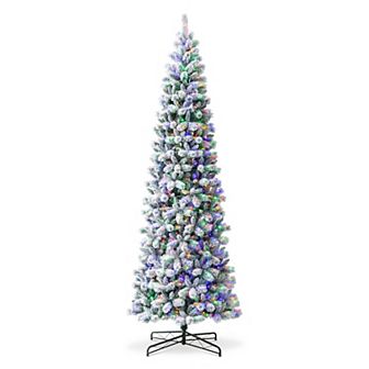 Glitzhome 11ft Pre-lit Flocked Pencil Green Pine Artificial Christmas Tree - Remote Controller
