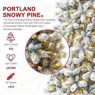 Glitzhome 11ft Pre-lit Flocked Pencil Green Pine Artificial Christmas Tree - Remote Controller