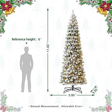 Glitzhome 11ft Pre-lit Flocked Pencil Green Pine Artificial Christmas Tree - Remote Controller