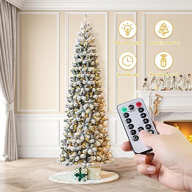 Glitzhome 11ft Pre-lit Flocked Pencil Green Pine Artificial Christmas Tree - Remote Controller