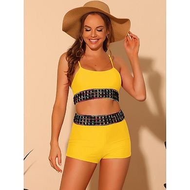 Women's 2 Pieces Contrast Color High Waisted Bikini Top and Shorts Swimsuit