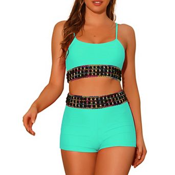Women's 2 pc Contrast Color High Waisted Bikini Top and Shorts Swimsuit