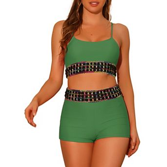 Women's 2 pc Contrast Color High Waisted Bikini Top and Shorts Swimsuit